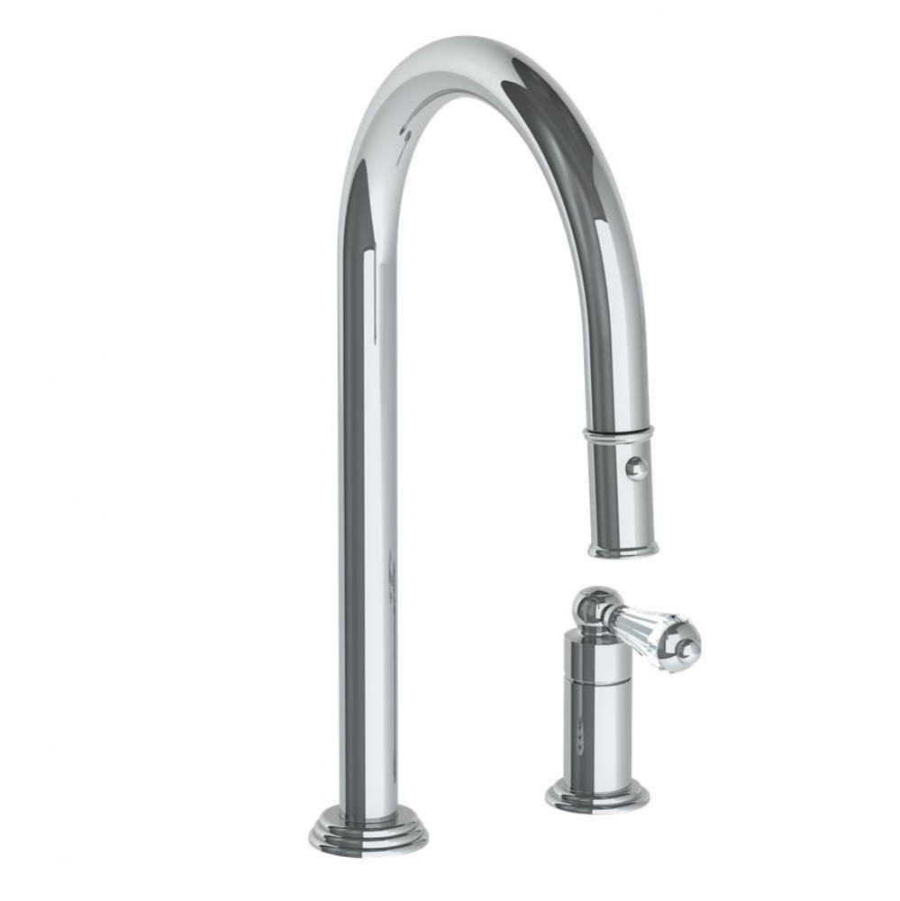 Deck Mounted 2 Hole Gooseneck Kitchen Faucet with Pull Down Spray