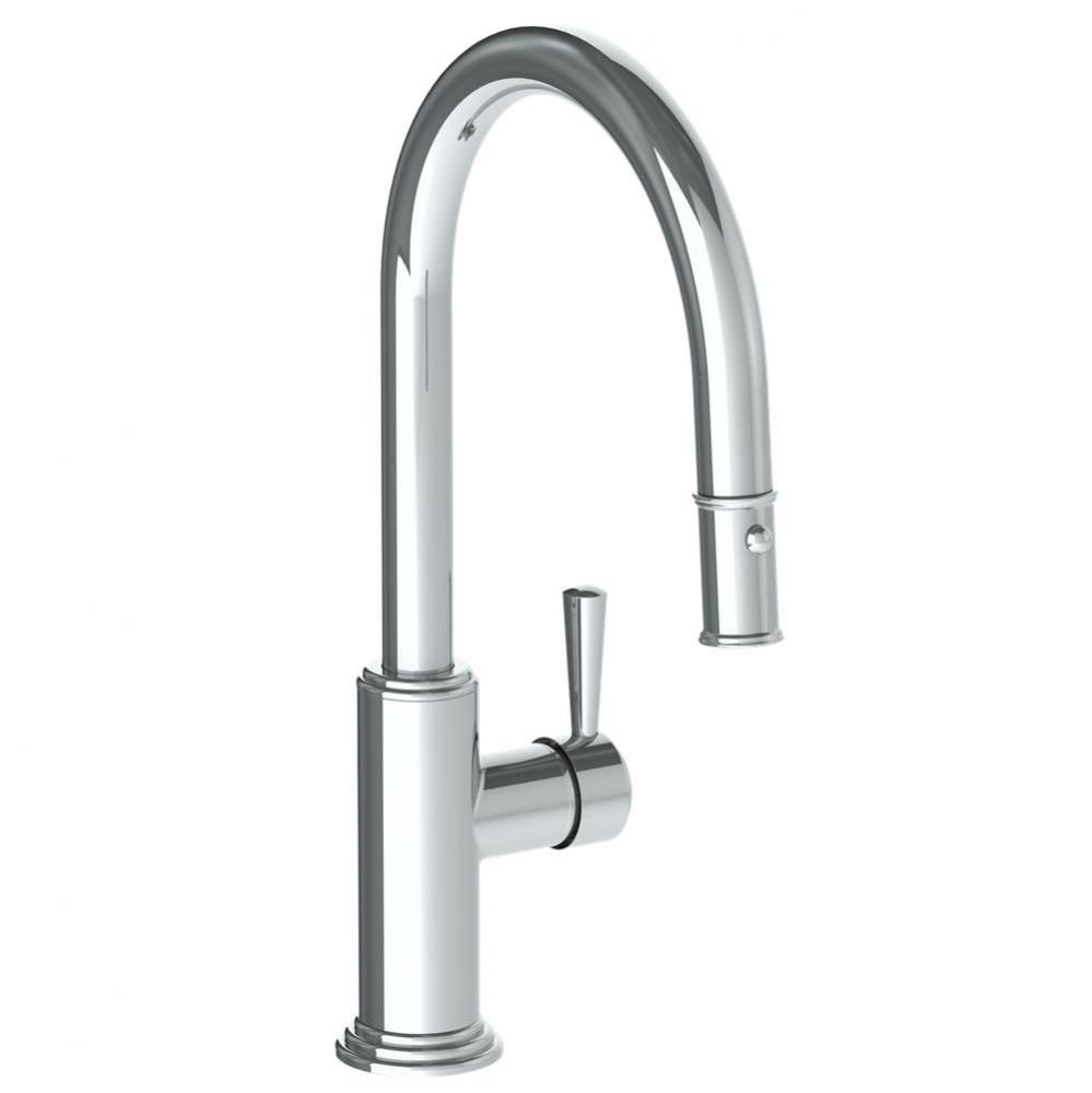 Deck Mounted 1 Hole Gooseneck Kitchen Faucet with Pull Down Spray - Low Spout