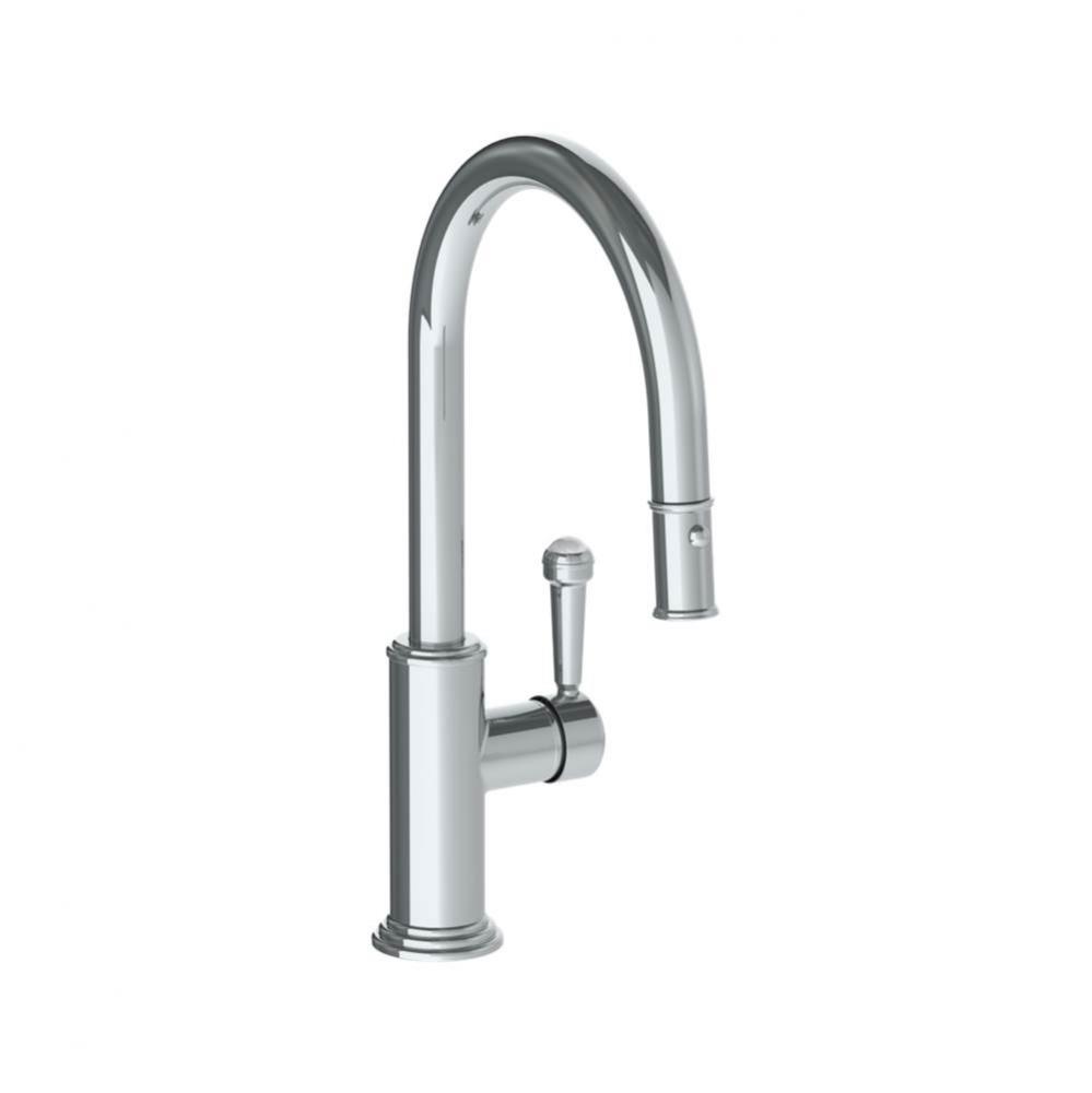 Deck Mounted 1 Hole Gooseneck Kitchen Faucet with Pull Down Spray - Low Spout