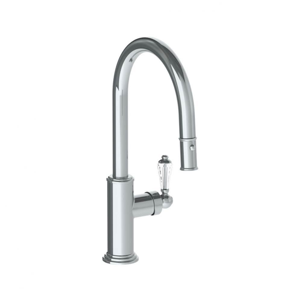 Deck Mounted 1 Hole Gooseneck Kitchen Faucet with Pull Down Spray - Low Spout