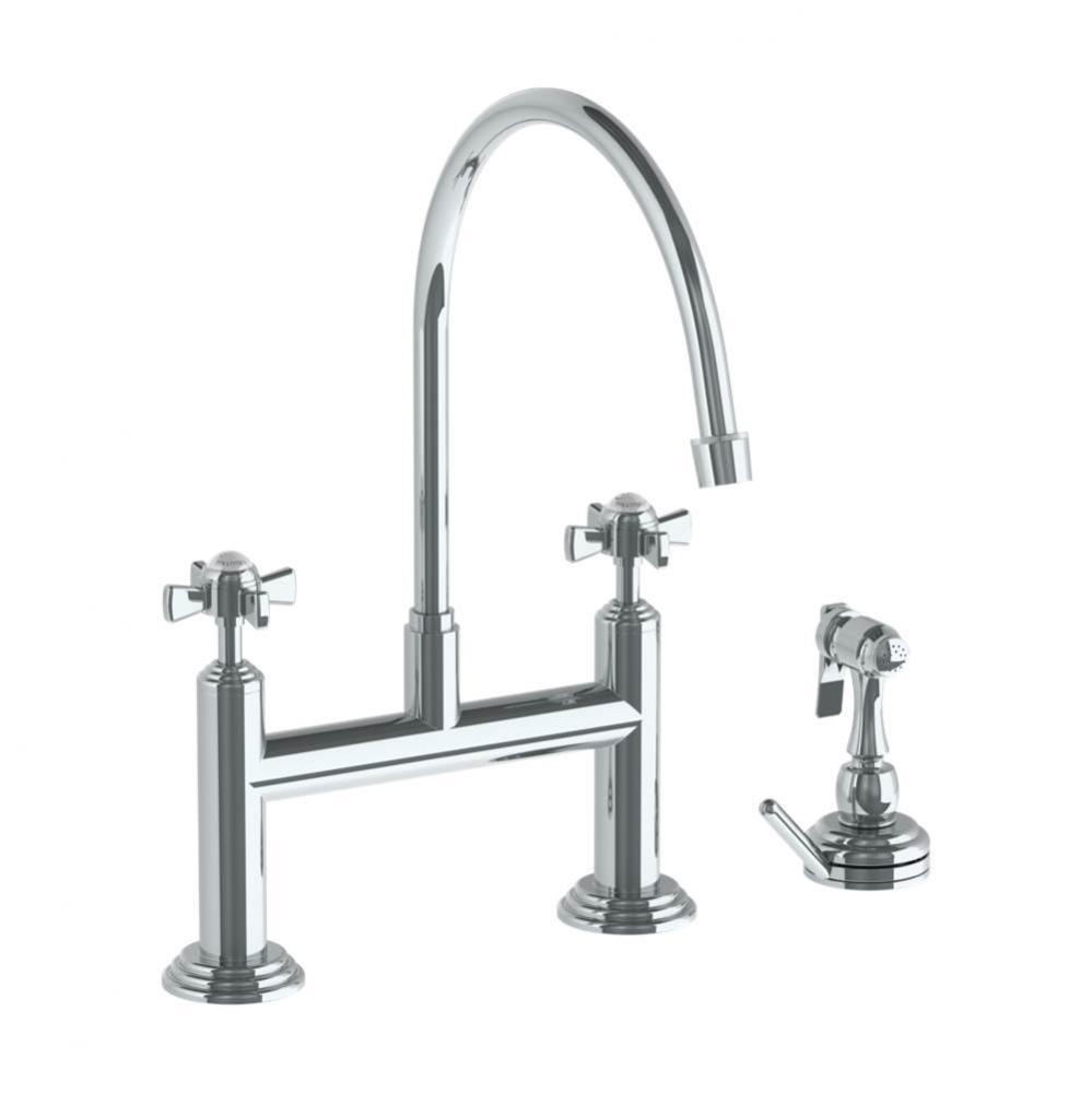 Deck Mounted Bridge Extended Gooseneck Kitchen Faucet with Independent Side Spray