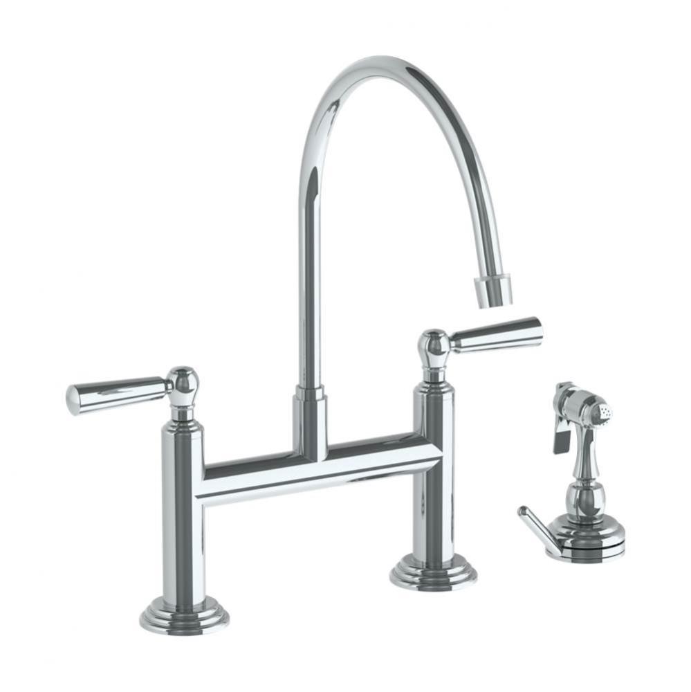 Deck Mounted Bridge Extended Gooseneck Kitchen Faucet with Independent Side Spray