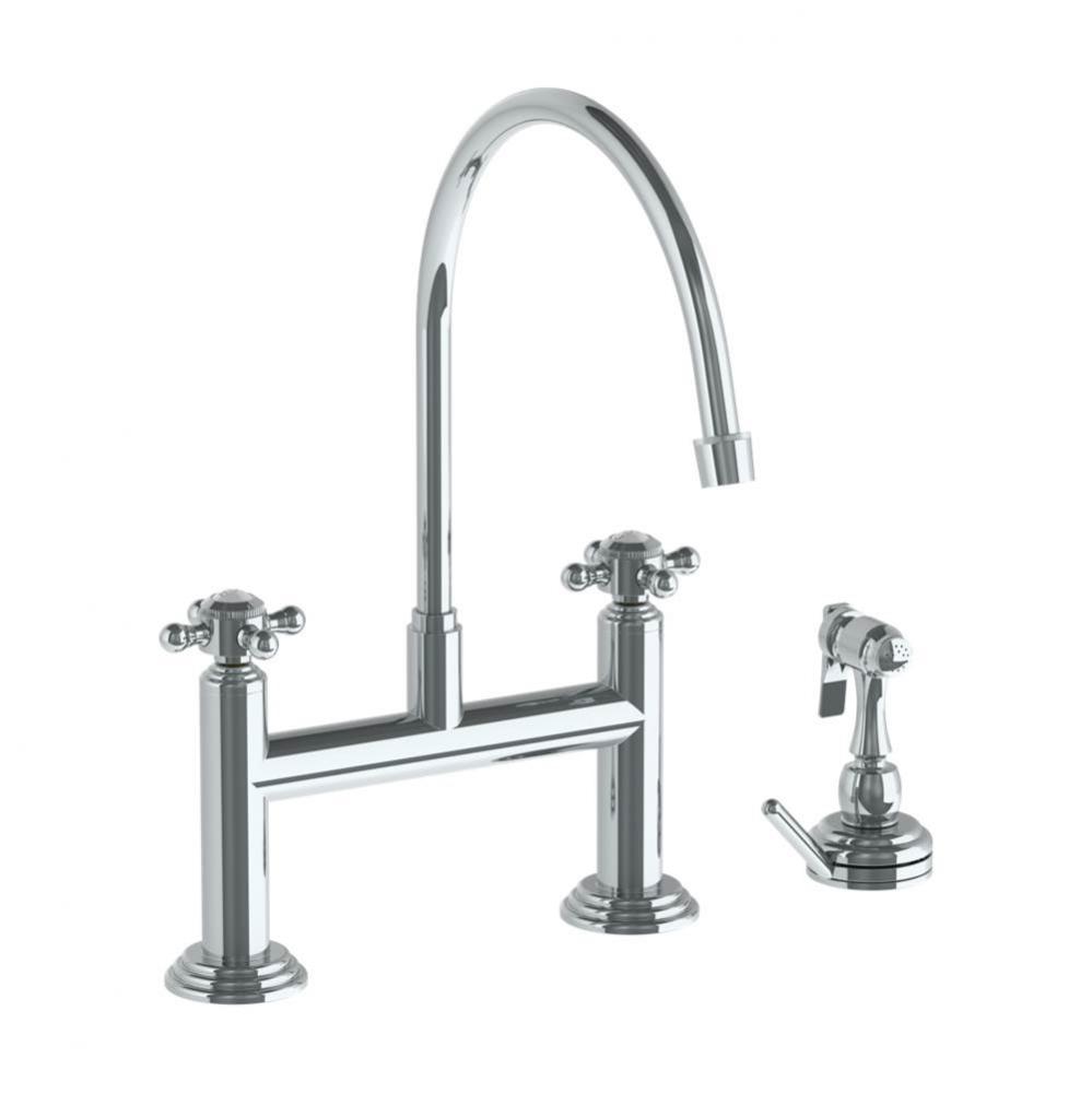Deck Mounted Bridge Extended Gooseneck Kitchen Faucet with Independent Side Spray
