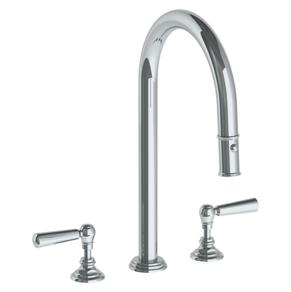 Deck Mounted 3 Hole Gooseneck Kitchen Faucet with Pull Down Spray