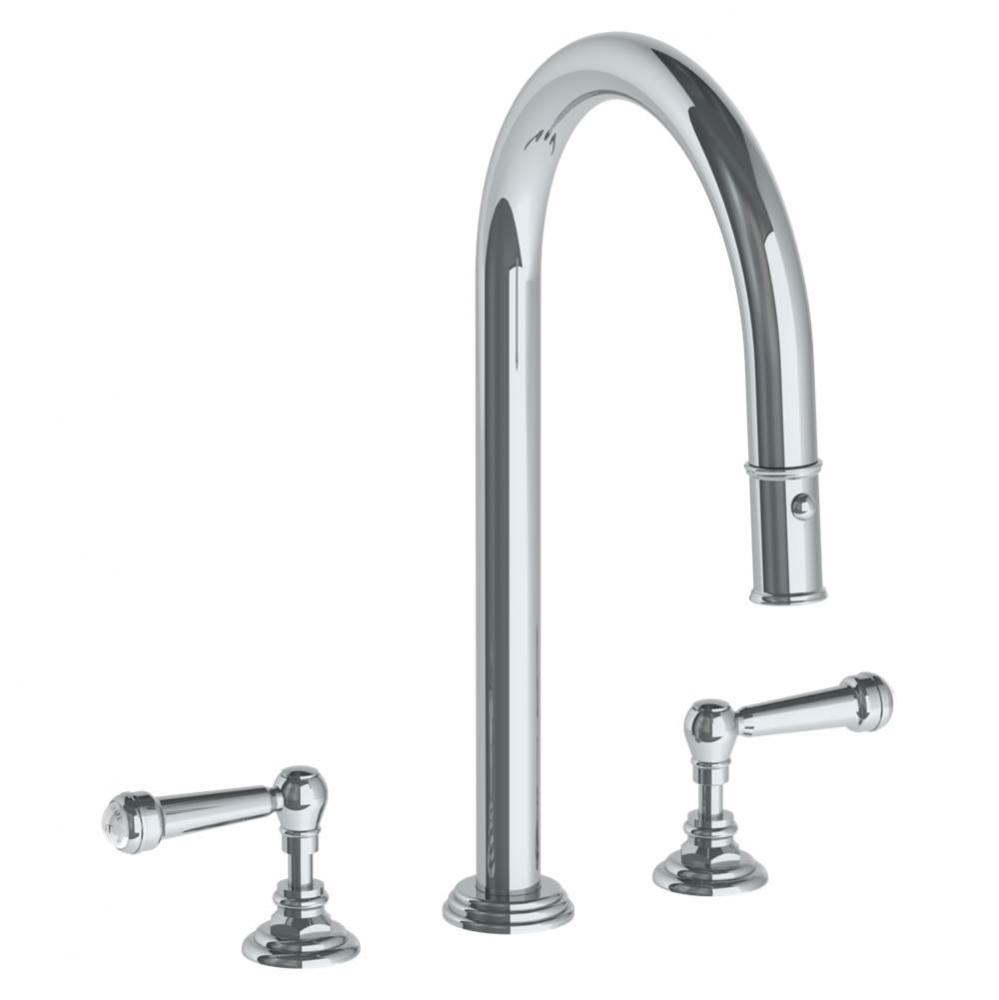 Deck Mounted 3 Hole Gooseneck Kitchen Faucet with Pull Down Spray
