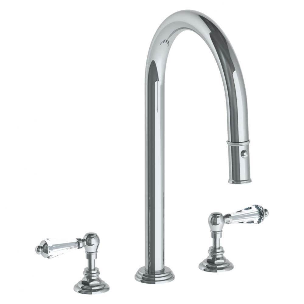 Deck Mounted 3 Hole Gooseneck Kitchen Faucet with Pull Down Spray