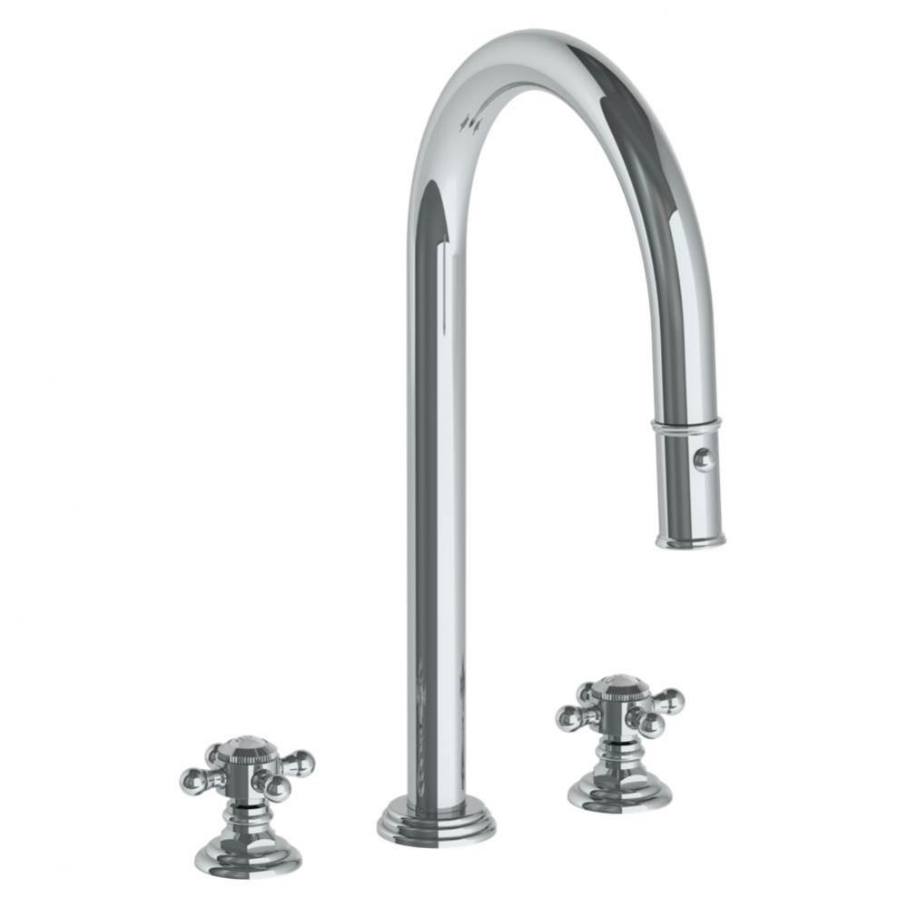 Deck Mounted 3 Hole Gooseneck Kitchen Faucet with Pull Down Spray