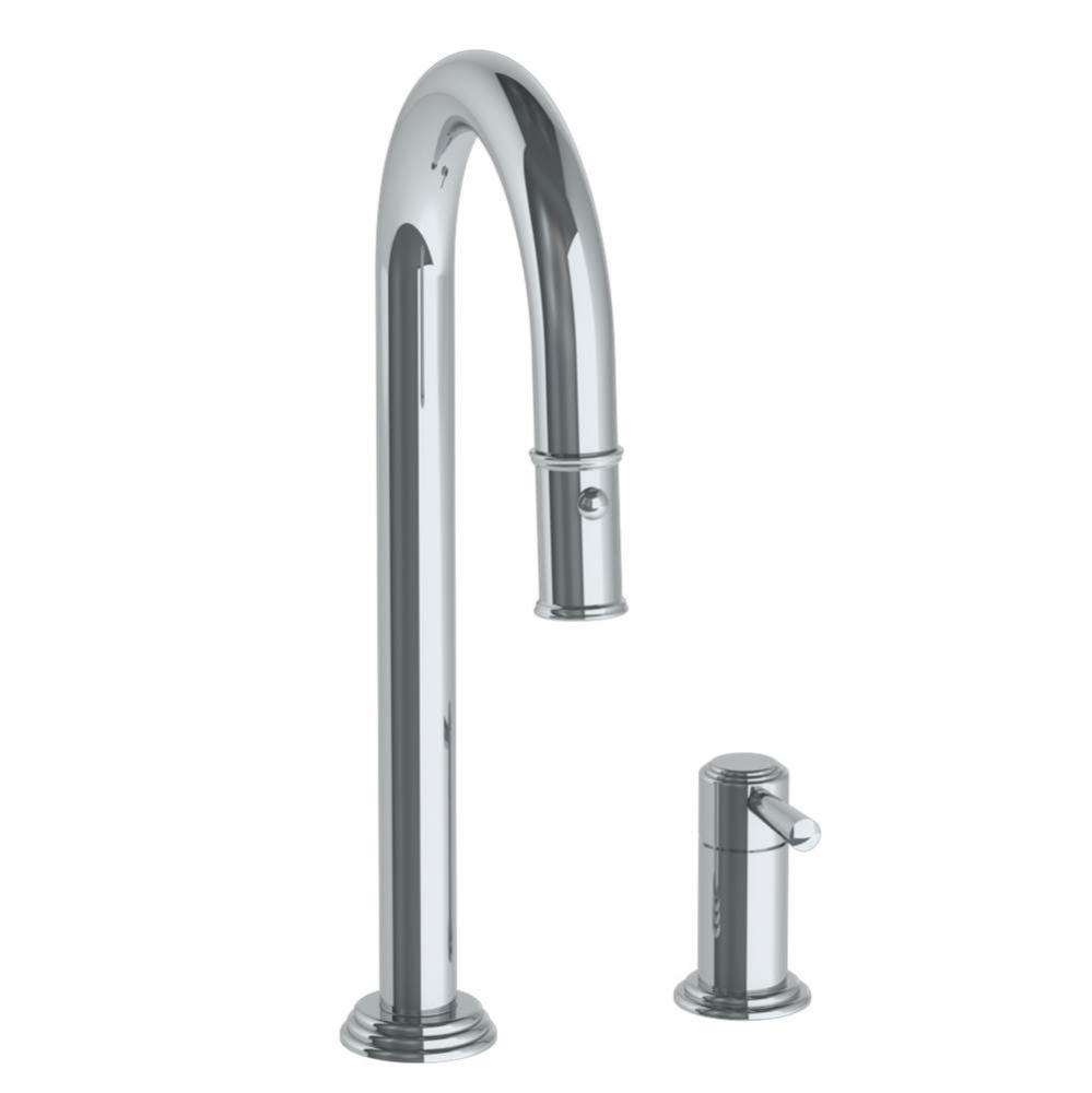 Deck Mounted 2 Hole Gooseneck Prep Faucet with Pull Down Spray
