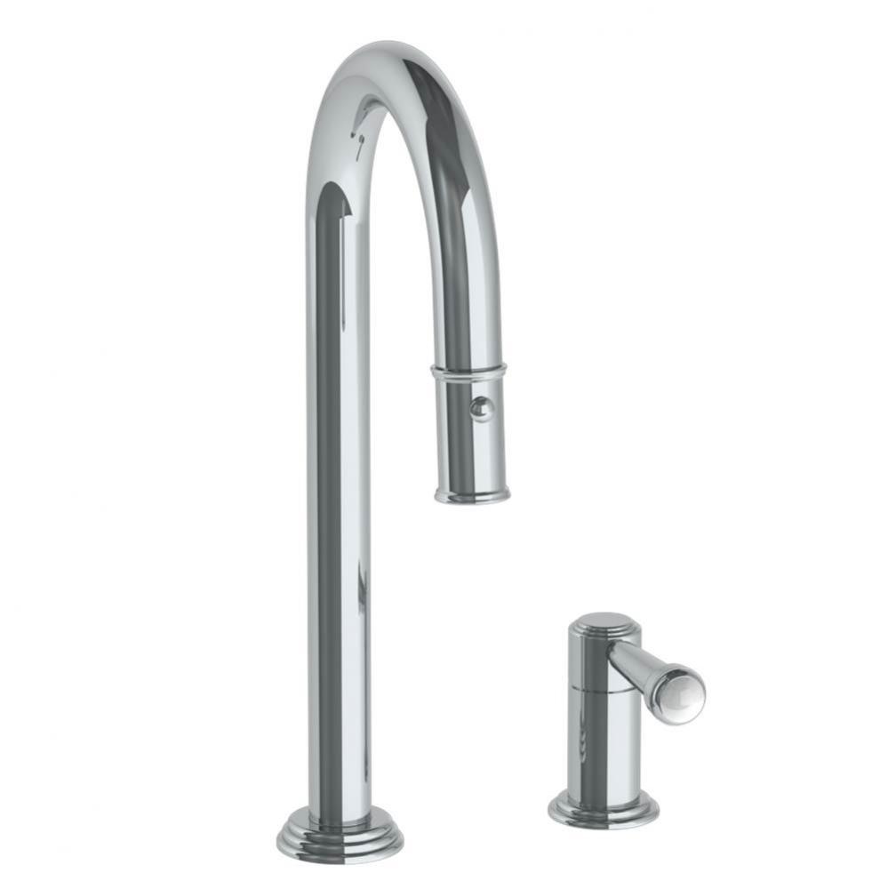 Deck Mounted 2 Hole Gooseneck Prep Faucet with Pull Down Spray
