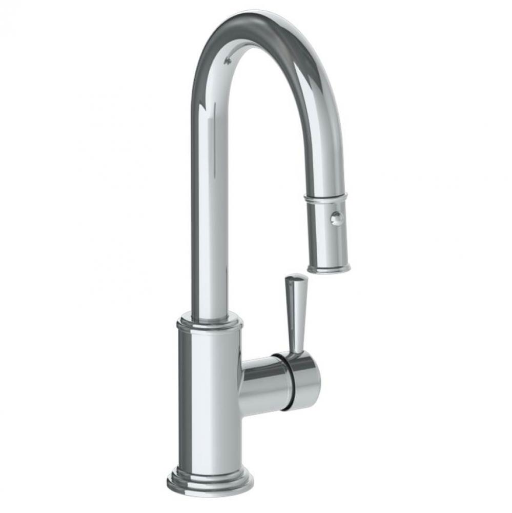 Deck Mounted 1 Hole Gooseneck Prep Faucet with Pull Down Spray