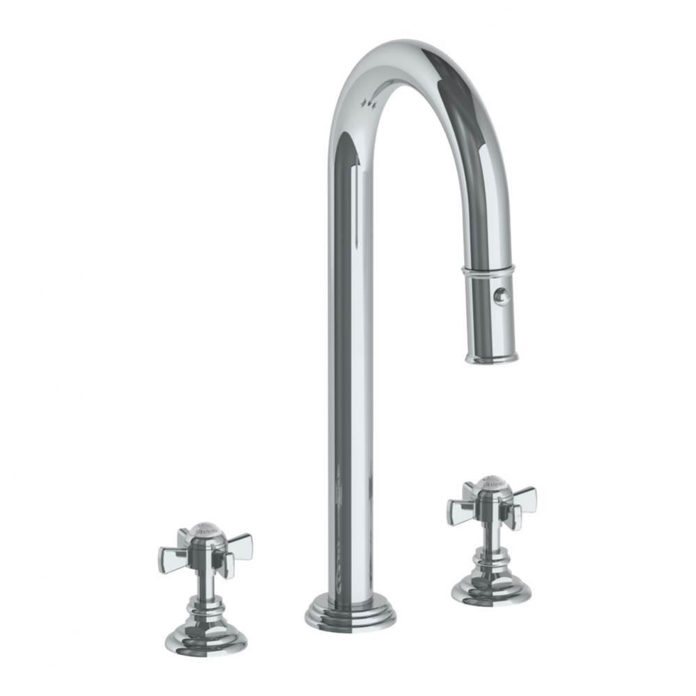 Deck Mounted 3 Hole Gooseneck Top Prep Faucet with Pull Down Spray