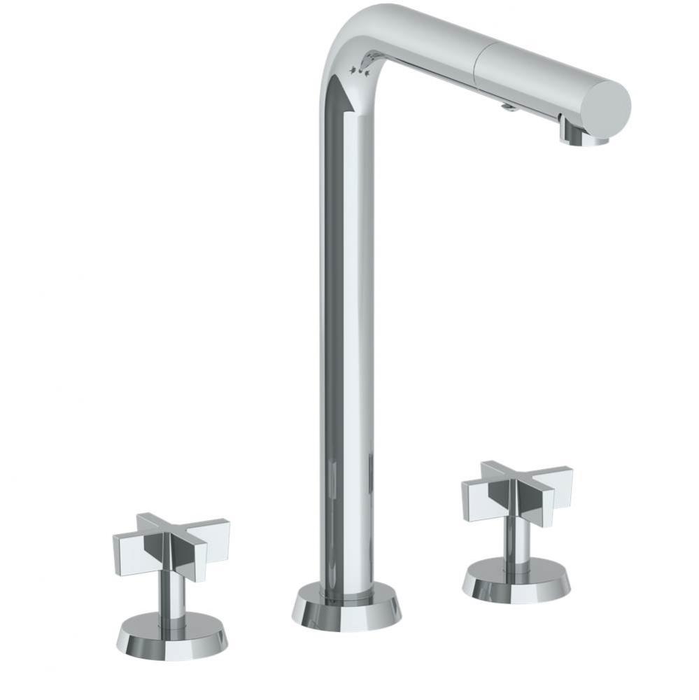 Deck Mounted 3 Hole Square Top Kitchen Faucet with Pull Out Spray