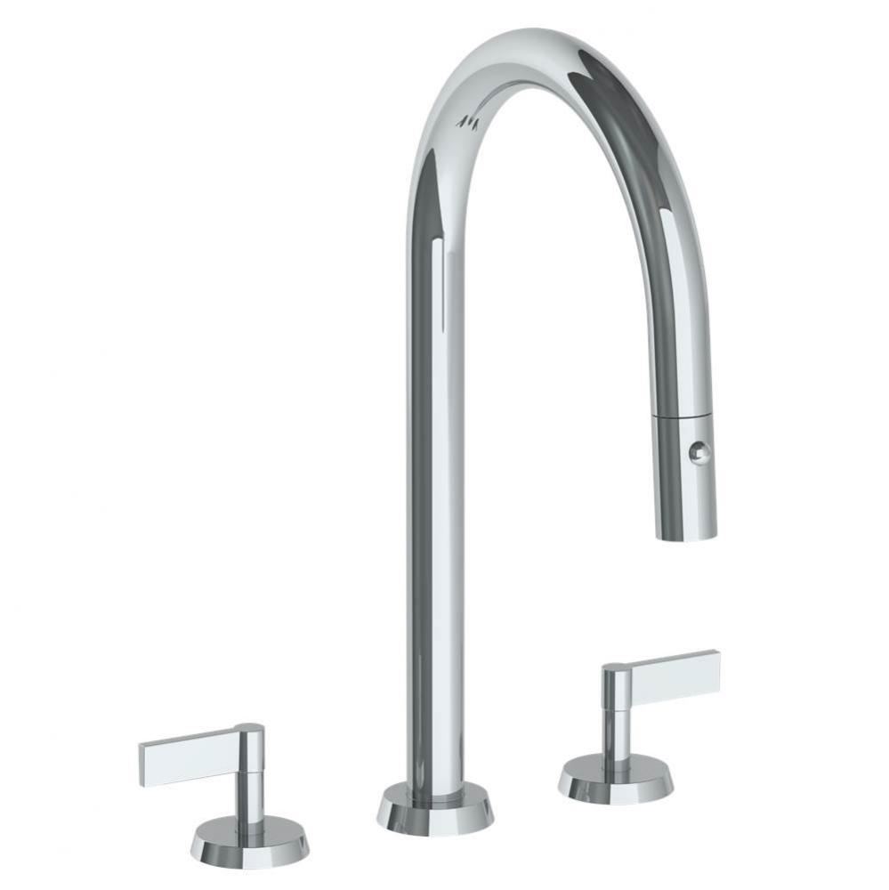 Deck Mounted 3 Hole Gooseneck Kitchen Faucet with Pull Down Spray