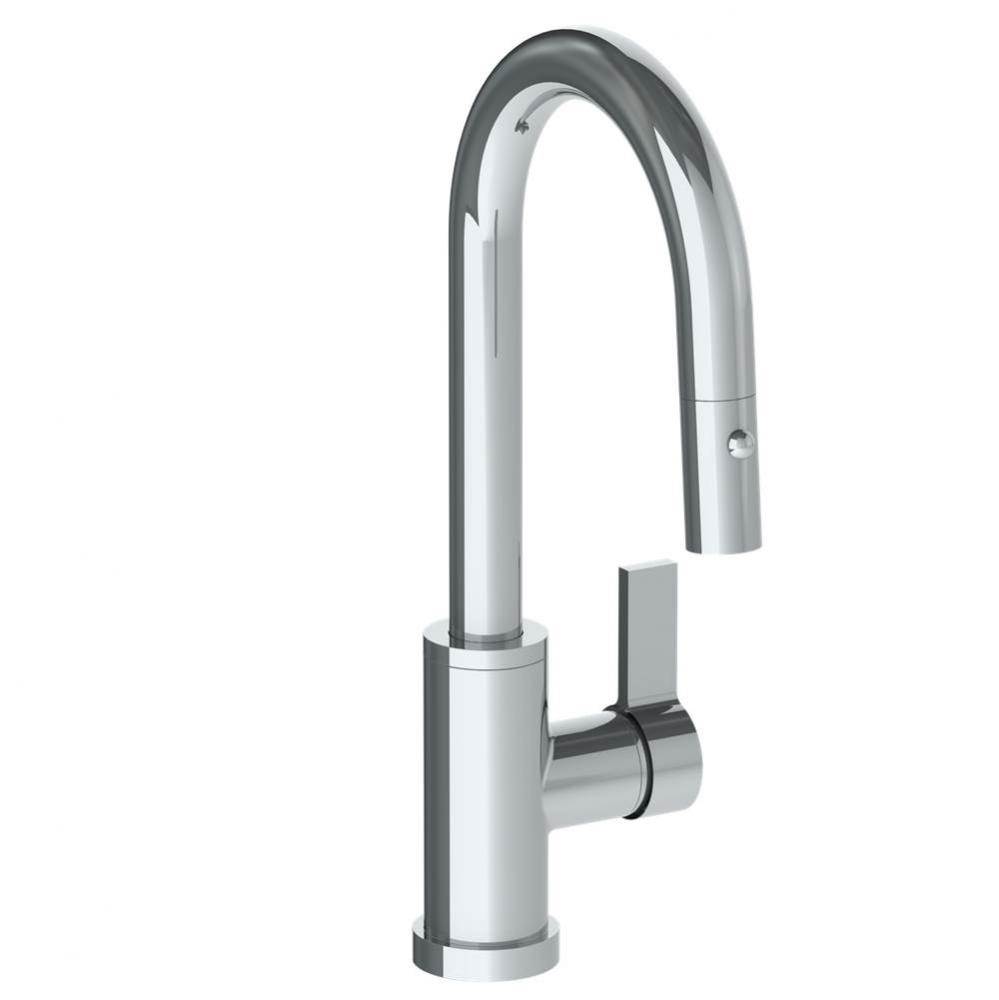 Deck Mounted 1 Hole Gooseneck Prep Faucet with Pull Down Spray