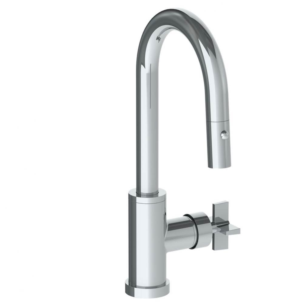 Deck Mounted 1 Hole Gooseneck Prep Faucet with Pull Down Spray