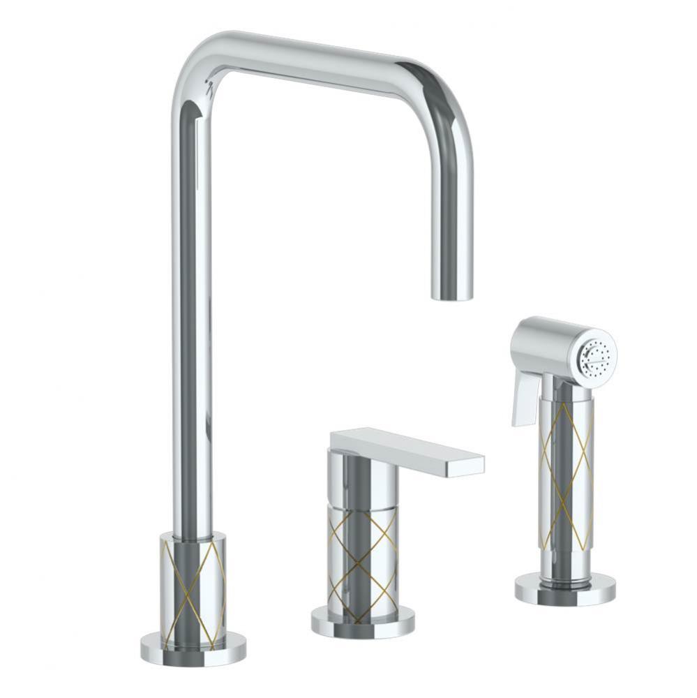 Deck Mounted 3 Hole Square Top Kitchen Set -  Includes Side Spray