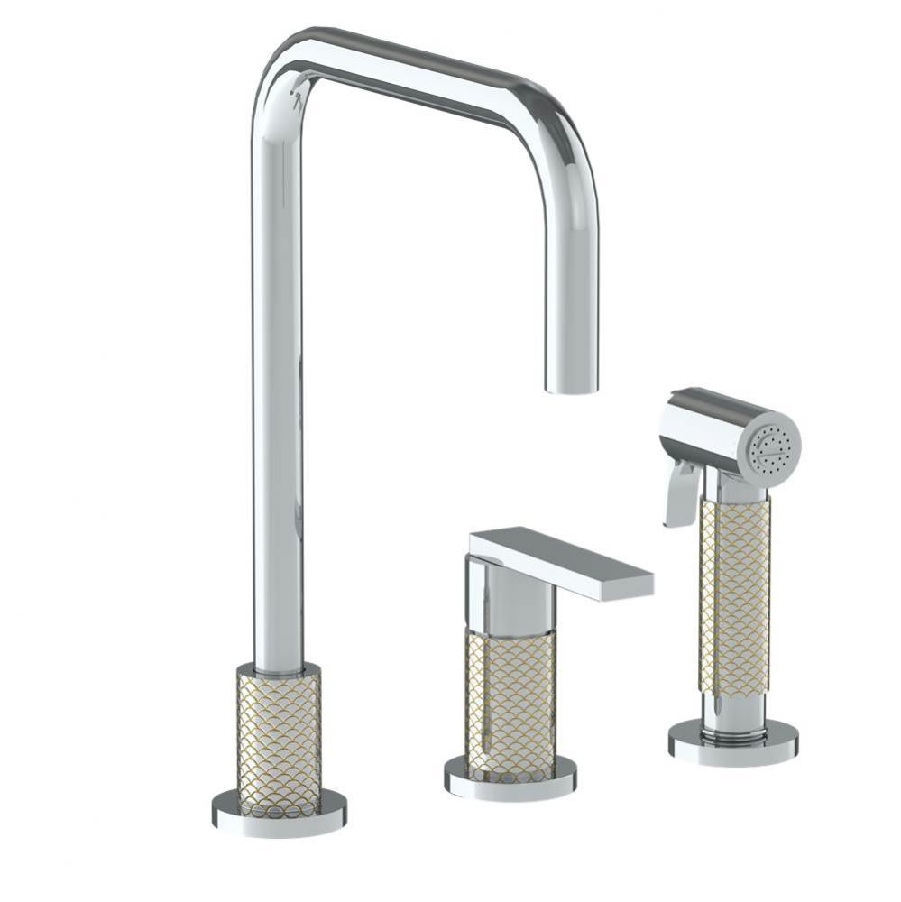 Deck Mounted 3 Hole Square Top Kitchen Set -  Includes Side Spray
