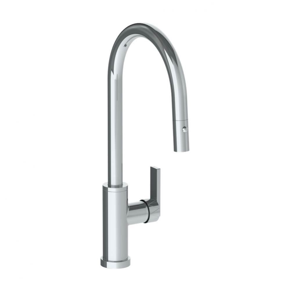 Deck Mounted 1 Hole Gooseneck Kitchen Faucet with Pull Down Spray - High Spout