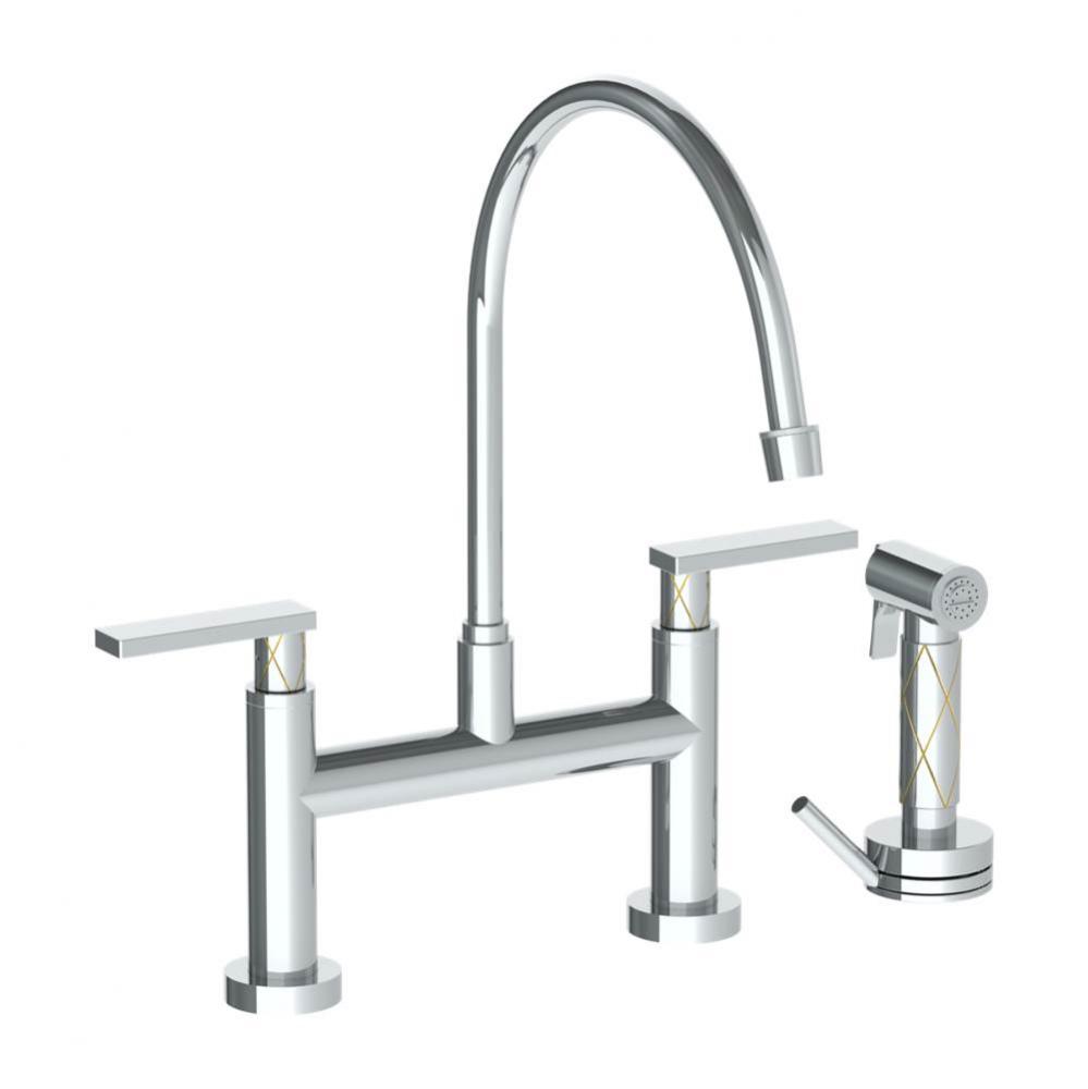 Deck Mounted Bridge Extended Gooseneck Kitchen Faucet with Independent Side Spray