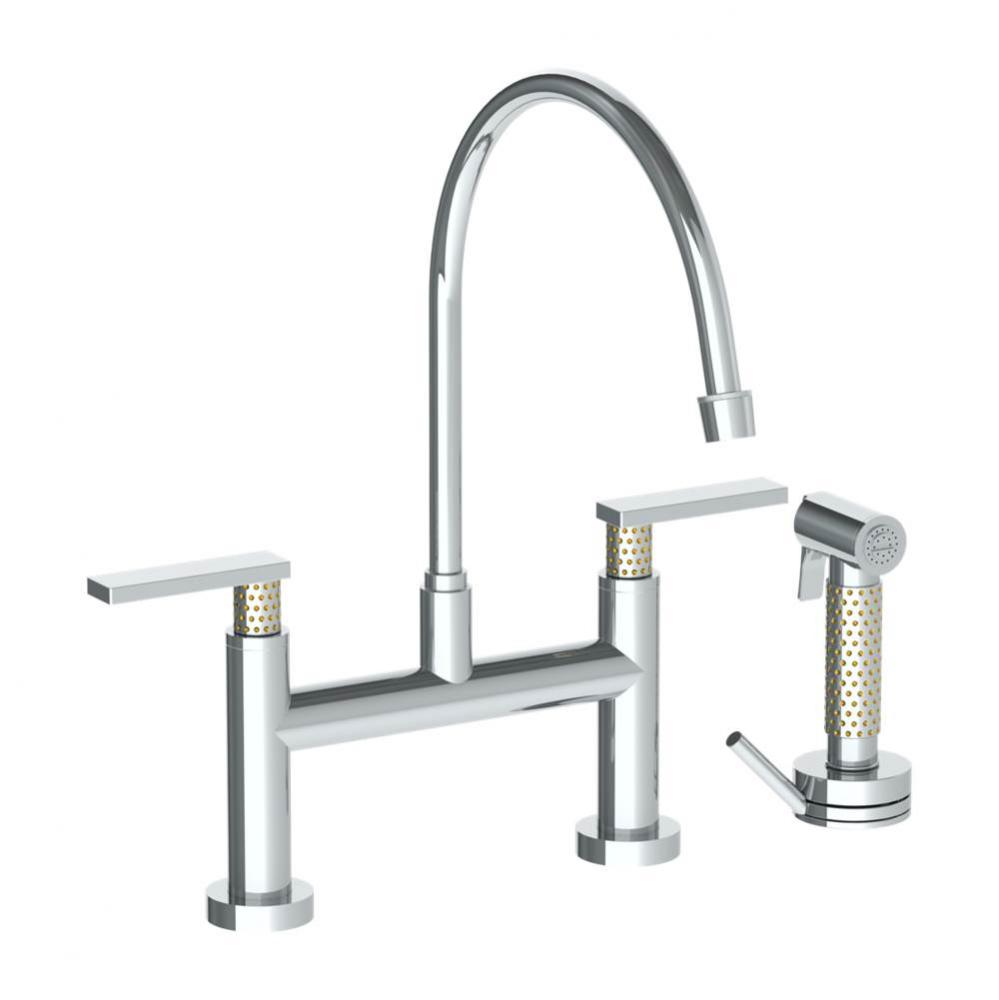 Deck Mounted Bridge Extended Gooseneck Kitchen Faucet with Independent Side Spray