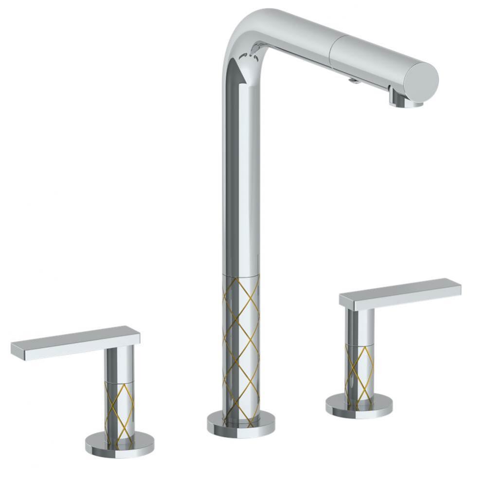 Deck Mounted 3 Hole Square Top Kitchen Faucet with Pull Out Spray