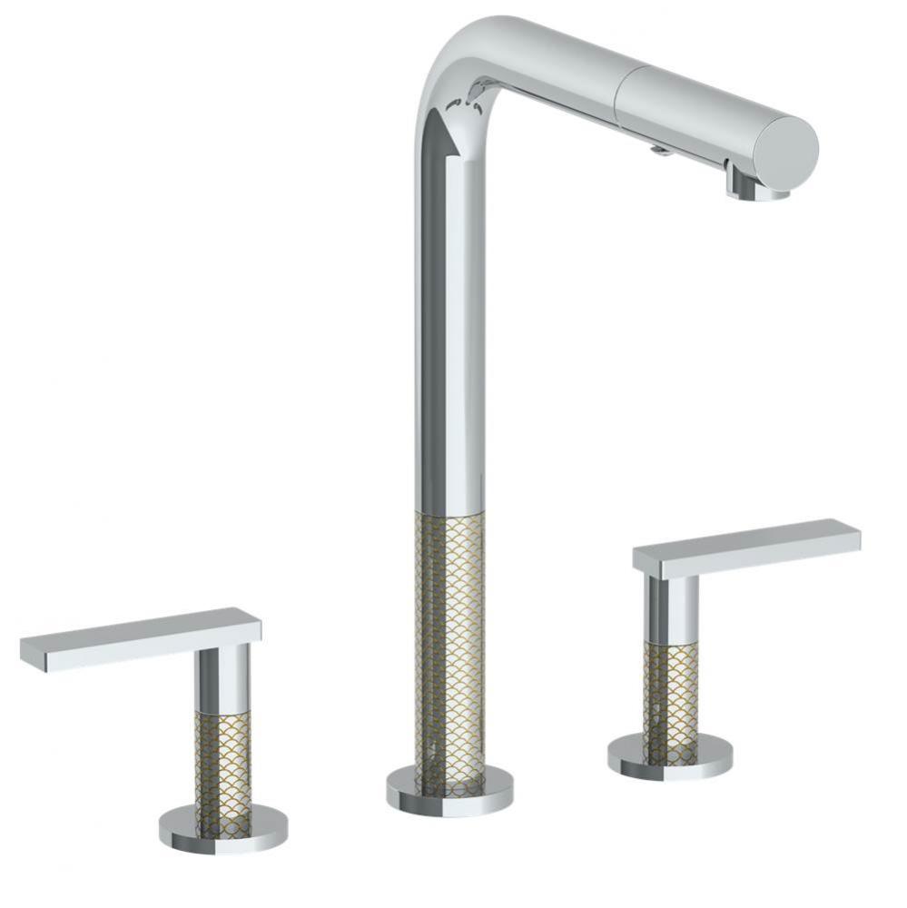 Deck Mounted 3 Hole Square Top Kitchen Faucet with Pull Out Spray