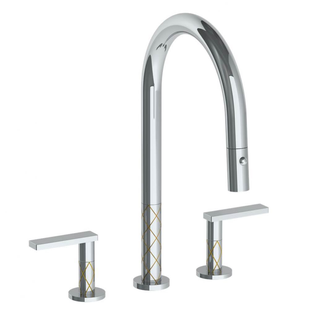 Deck Mounted 3 Hole Gooseneck Kitchen Faucet with Pull Down Spray