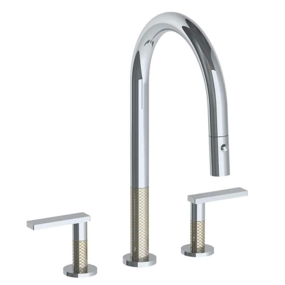 Deck Mounted 3 Hole Gooseneck Kitchen Faucet with Pull Down Spray