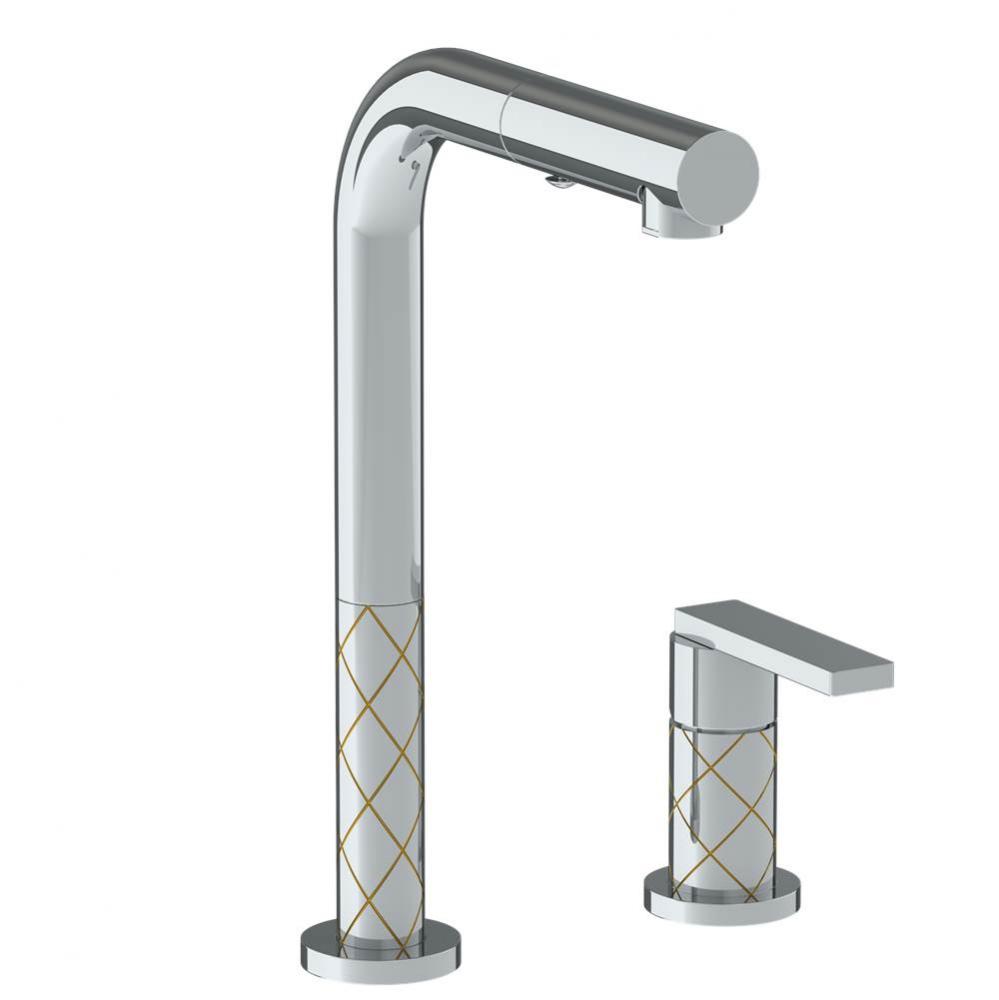 Deck Mounted 2 Hole Square Top Prep Faucet with Pull Out Spray