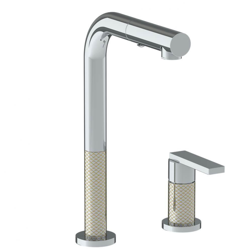 Deck Mounted 2 Hole Square Top Prep Faucet with Pull Out Spray