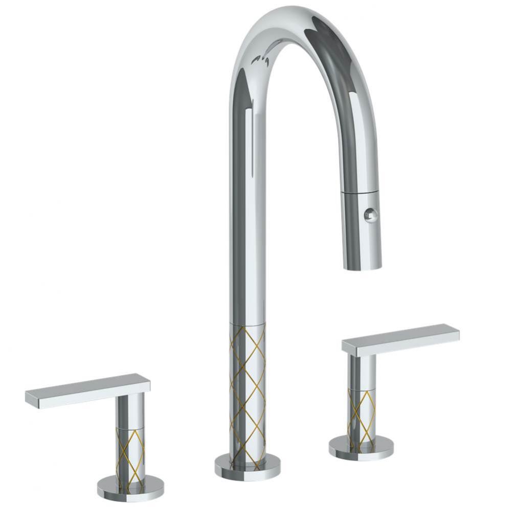 Deck Mounted 3 Hole Gooseneck Prep Faucet with Pull Down Spray