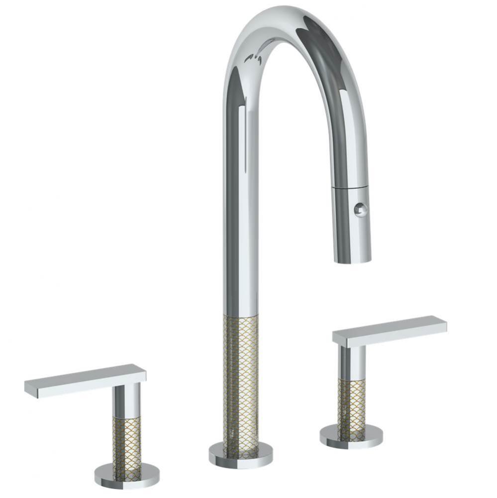 Deck Mounted 3 Hole Gooseneck Prep Faucet with Pull Down Spray