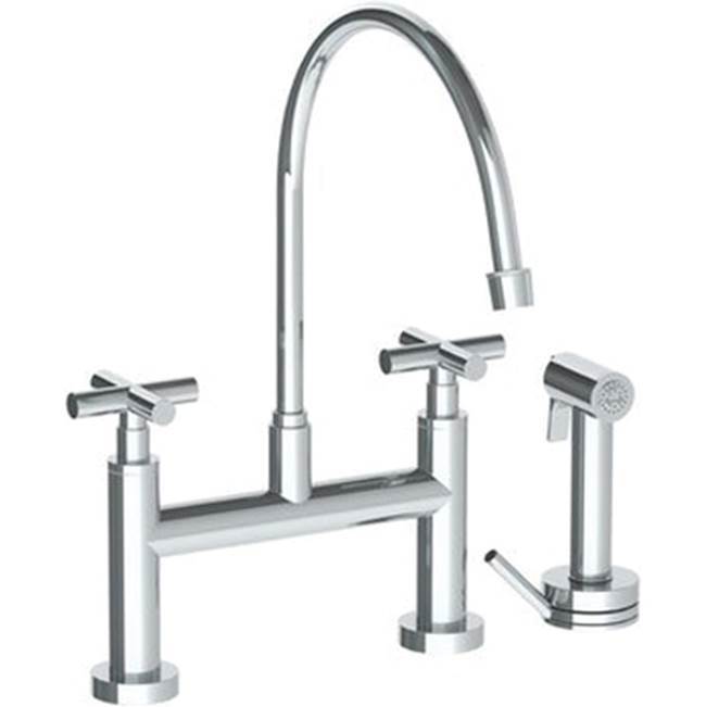 Deck Mounted Bridge Extended Gooseneck Kitchen Faucet with Independent Side Spray