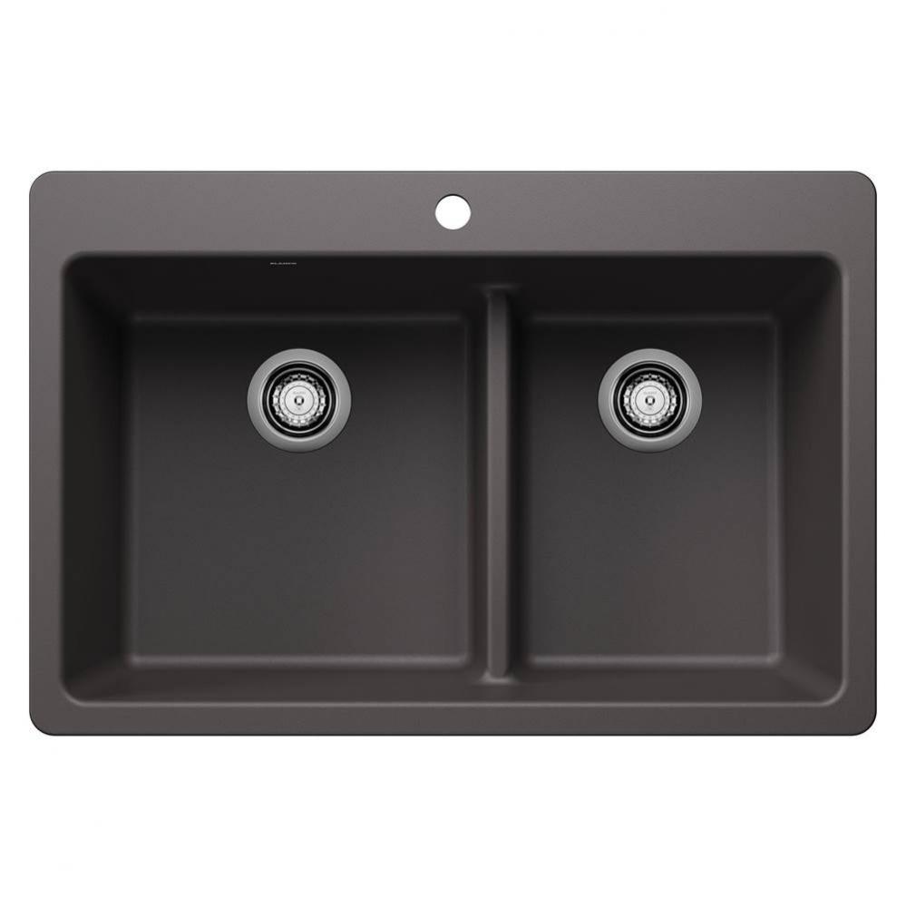 Liven SILGRANIT 33'' 60/40 Double Bowl Dual Mount Kitchen Sink with Low Divide - Cinder