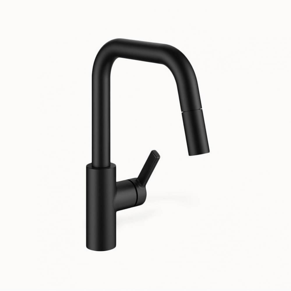 Luna E Single-Hole Kitchen Faucet With Pull-Out Spray - Geometric Spout With Side Lever - Matte Bl