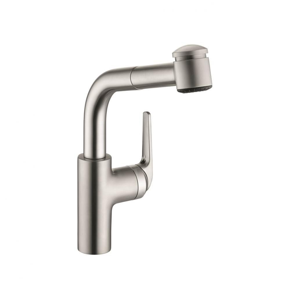 Domo Single-Hole Kitchen Faucet With Pull-Out Spray - Side Lever - Brushed Stainless Steel