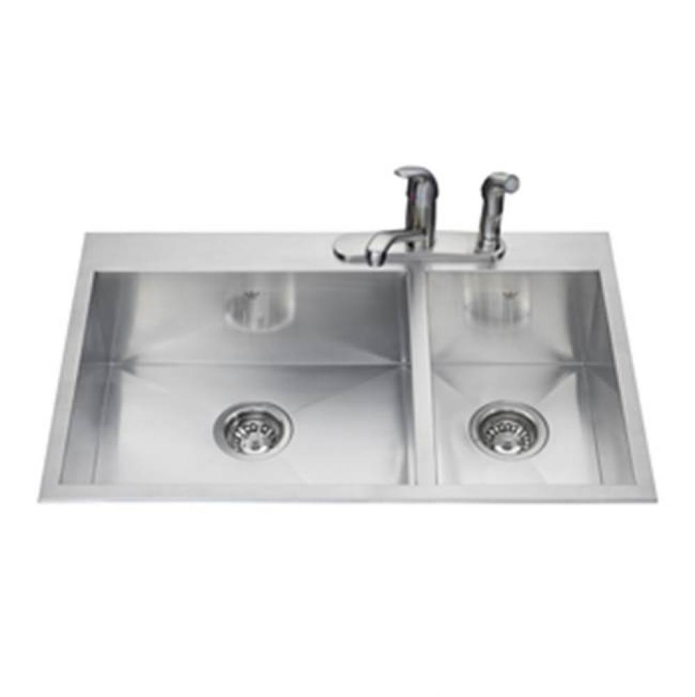 20 gauge hand fabricated dual mount two bowl ledgeback sink, small bowl right, 1 faucet hole