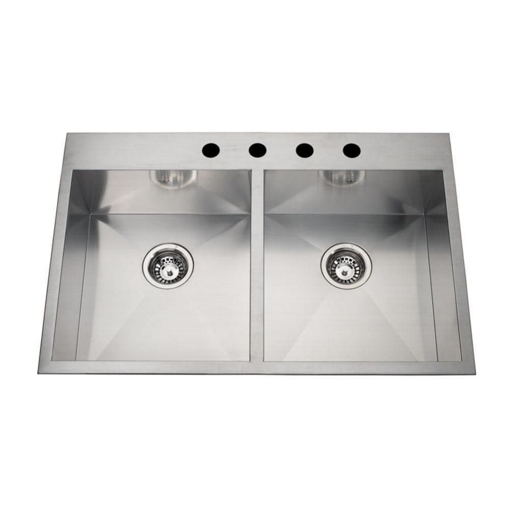 20 gauge hand fabricated dual mount double bowl ledgeback sink, 1 faucet hole