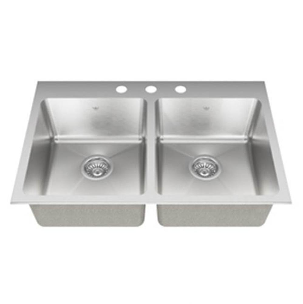18 ga hand fabricated dual mount double bowl ledgeback sink, 20 mm corners, 3 faucet holes