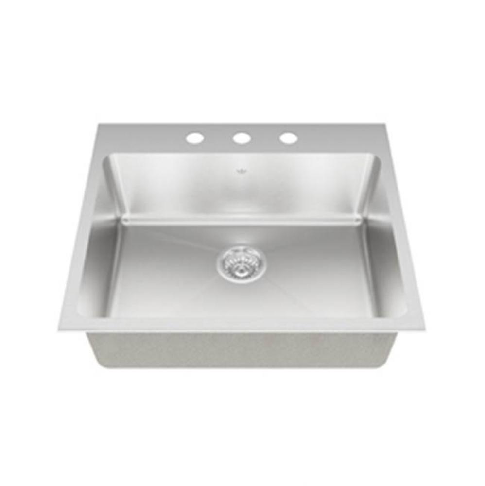 18 ga hand fabricated dual mount single bowl ledgeback sink, 20 mm corners, 3 faucet holes
