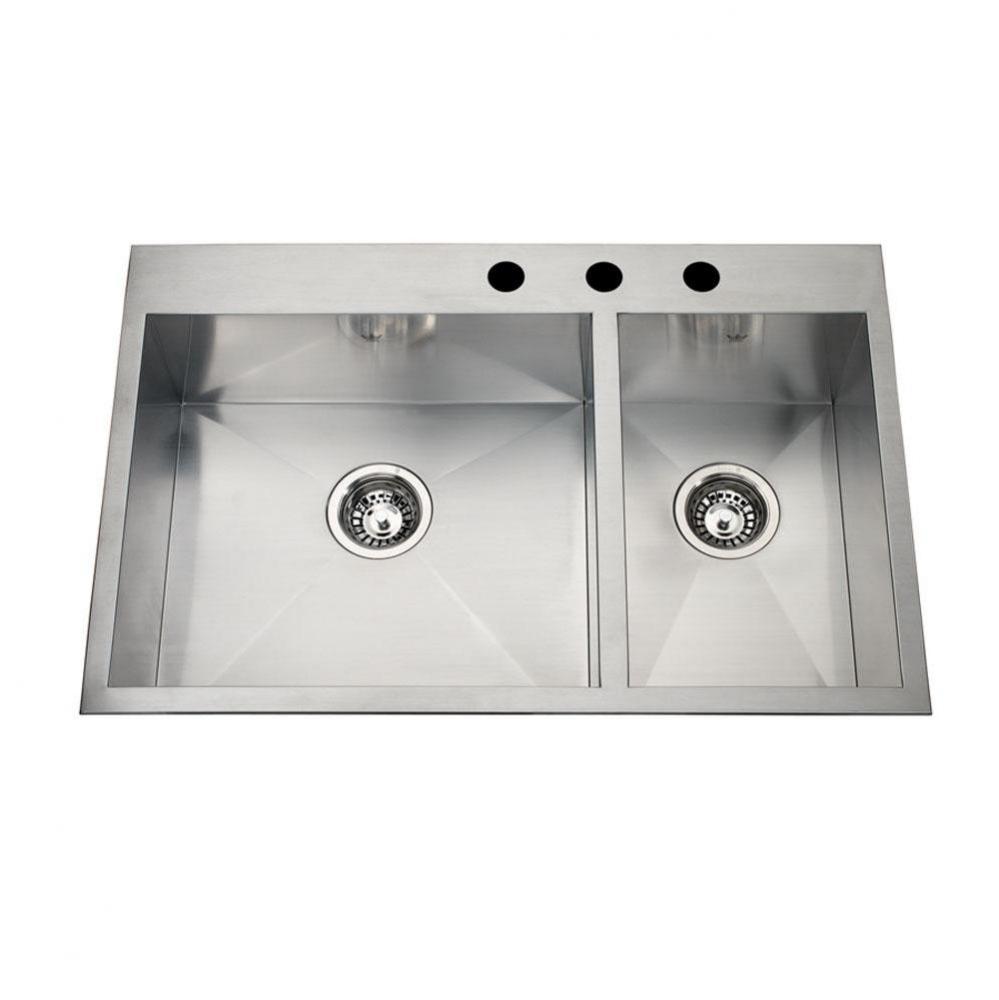 20 gauge hand fabricated dual mount two bowl ledgeback sink, small bowl right, 3 faucet holes