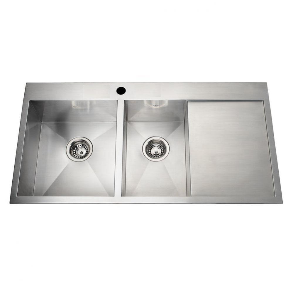 20 gauge hand fabricated dual mount two bowl ledgeback drainerboard sink, small bowl right, 1 fauc