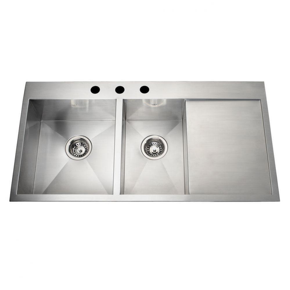 20 gauge hand fabricated dual mount two bowl ledgeback drainerboard sink, small bowl right, 3 fauc