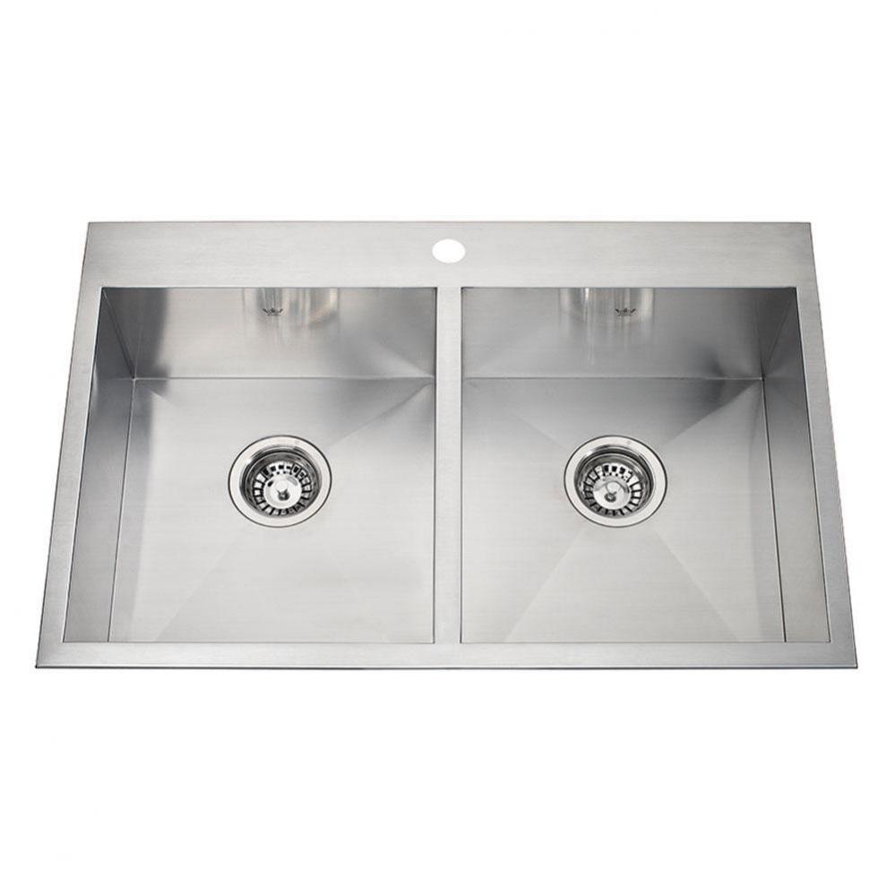 20 gauge hand fabricated dual mount double bowl ledgeback sink, 1 faucet hole