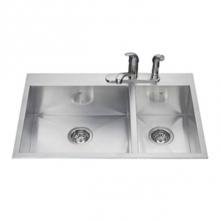 Kindred Canada QCLF2031R/8/1 - 20 gauge hand fabricated dual mount two bowl ledgeback sink, small bowl right, 1 faucet hole