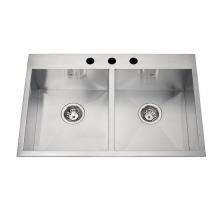 Kindred Canada QDLF2031/8/3 - 20 gauge hand fabricated dual mount double bowl ledgeback sink, 3 faucet holes