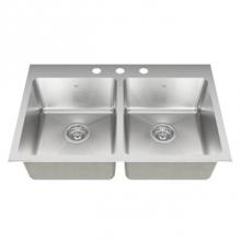Kindred Canada QDLY2031/8/3 - 18 ga hand fabricated dual mount double bowl ledgeback sink, 20 mm corners, 3 faucet holes