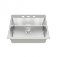 Kindred Canada QSLY2225/8/3 - 18 ga hand fabricated dual mount single bowl ledgeback sink, 20 mm corners, 3 faucet holes