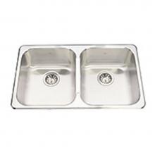 Kindred Canada RD1831/7 - 20 ga, rimback double bowl sink, linear brushed bowls, mirror rim