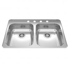 Kindred Canada RDLA3322-55-4 - Reginox 33.38-in LR x 22-in FB Drop In Double Bowl 4-Hole Stainless Steel Kitchen Sink